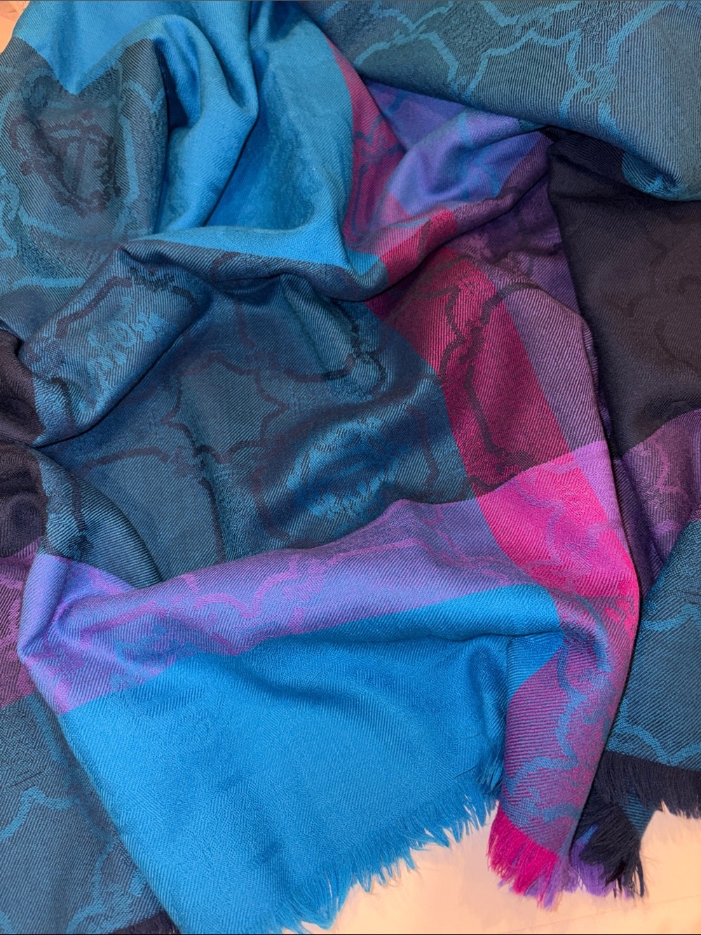 Christian Dior Large Scarf - Turquoise Blue, Purple, Navy, Hot Pink, Authentic - Picture 4 of 6